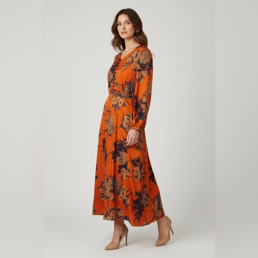 Lylac By Maheen Full Length Orange Floral Maxi Dress‎ Womens Large